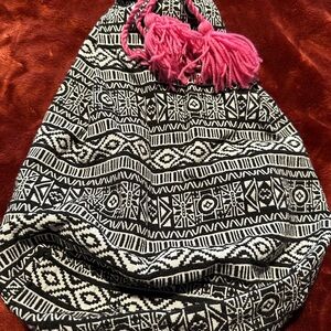 Boho Tribal Print Drawstring Backpack – Black & White with Pink Tassels